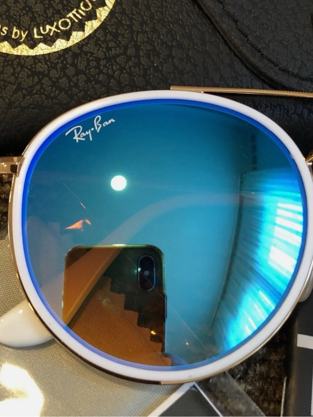 Ray-Ban Gold Frame Sunglasses with Blue Mirror Lenses and White Trim